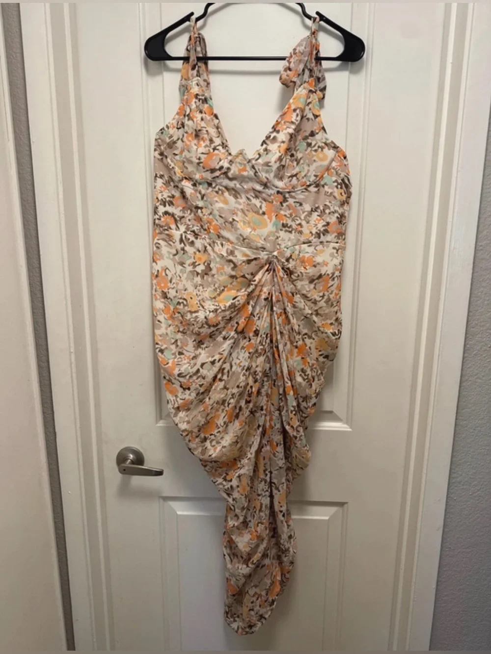 PrettyLittleThing Peach Cream Floral Underwire MIDI Draped Dress Sz 12